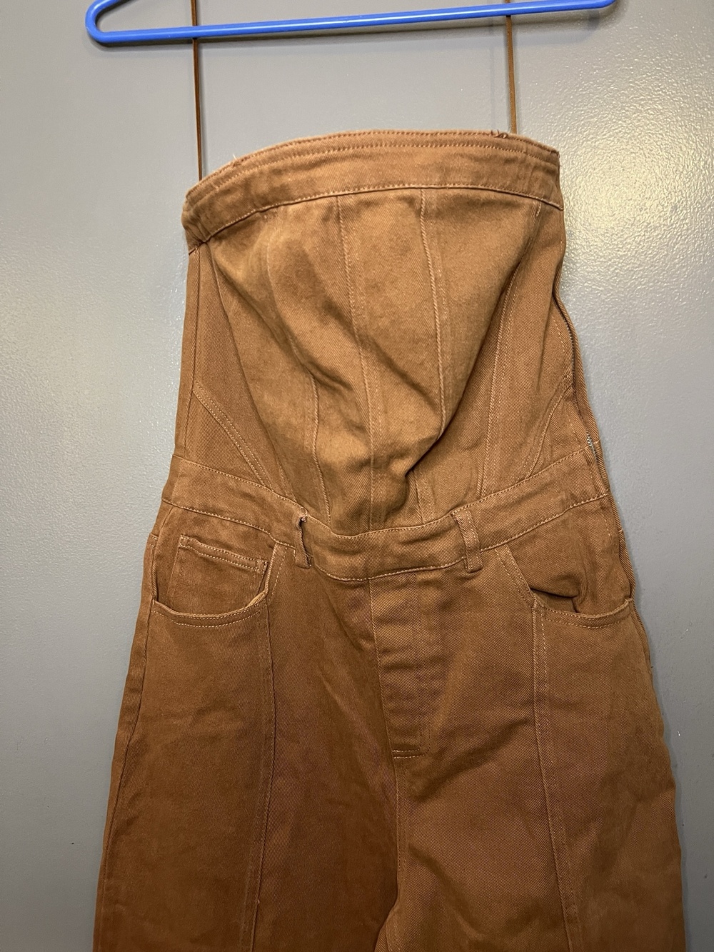 Fashion Nova Mine For The Weekend Denim Jumpsuit Womens Medium Cognac Strapless